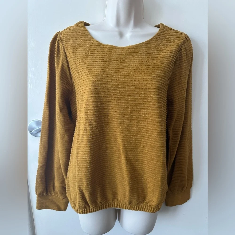 Madewell Womens Mustard Puff Sleeves Sweater Size M Elastic Waist Linen Cotton